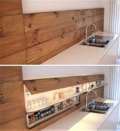 two pictures of the same kitchen counter top with shelves above it and below them, there is