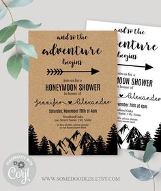 the adventure begins baby shower is printed on brown paper and features an arrow in the woods