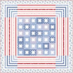 a blue and red quilt with white stars on the center, in an intricate pattern