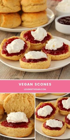 vegan scones with whipped cream on top and jam in the middle are shown