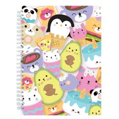 a spiral notebook with cats and pandas on it, surrounded by other cartoon animals