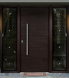 a modern entry door with glass panels and an iron handle on the side walk way