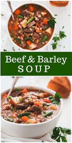 beef and barley soup in a white bowl