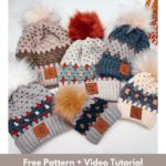 knitted hats and mittens with pom - poms are shown in different colors