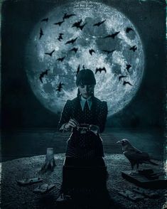 a woman sitting in front of a full moon with bats flying around her and birds on the ground