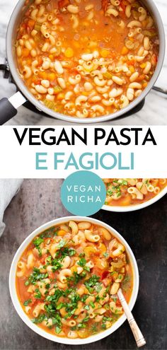 vegan pasta e fagioli in a white bowl