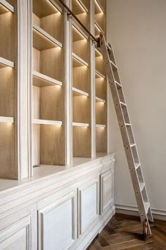 a ladder leaning up against a white bookcase