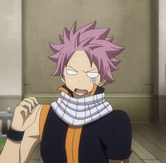 an anime character with pink hair wearing a black and orange outfit, looking at the camera