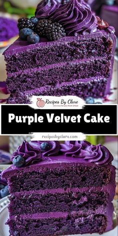 a slice of purple velvet cake on a plate