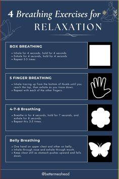 Unwind and relax with these 4 soothing breathing exercises! From deep belly breaths to calming box breaths, discover simple techniques to ease stress and promote relaxation. Perfect for anyone seeking mindfulness and tranquility. #BreathingExercises #RelaxationTechniques #Mindfulness #StressRelief #SelfCareTips #WellnessJourney #HealthyLiving #PinterestInspiration Bedtime Breathing Exercises, Tips For Relaxing, Deep Breathing Techniques, Mindful Breathing Exercises, Relaxing Breathing Techniques, Meditation Breathing Techniques, Sleep Breathing Exercises, Mindfulness Breathing Exercises, Calming Breathing Techniques