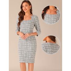 This elegant plaid work dress is a must-have in your wardrobe, suitable for all occasions from formal events like tea parties and derbies to more casual settings such as office wear, cocktail parties, homecoming celebrations, or a night out on the town. The trendy pencil dress can be paired with heels and a necklace for a timeless and elegant style. This classic dress is made up of several design points: 3/4 Sleeve, Hidden Side Zipper, Back Slit, Tweed Plaid, Stretchy, Bodycon Pencil Dress for w Plaid Bodycon Dress, Dresses Purple, Cocktail Parties, Midi Sheath Dress, Work Dress, Tea Parties, Bodycon Dresses, Classic Dress, Chic Woman