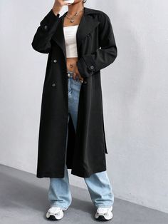 Preto Casual Collar Manga Comprida Tecido Simples Regular Embellished Não elástico Preppy Jacket, Grey Minimalist, Dark Academia Outfit, Minimalist Preppy, Sophisticated Outfits, Long Trench Coat, Belted Trench Coat, Trench Coats Women, Dark Jeans