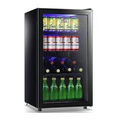 an open glass door refrigerator filled with drinks