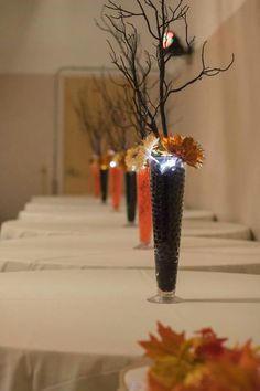 there are several vases with branches in them on the table, and one is lit up