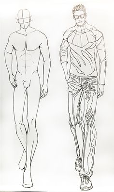 two men standing next to each other in front of a white background with one man's body drawn on it