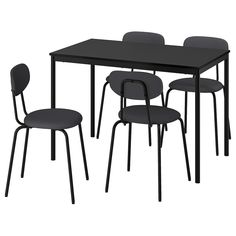 the table and chairs are all black with grey fabric seat covers on each one side