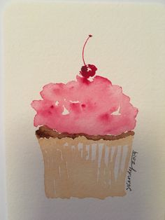 a watercolor painting of a cupcake with pink icing and a cherry on top