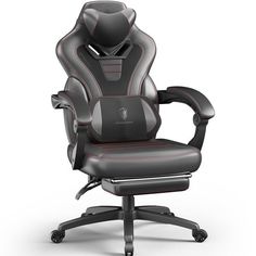 an office chair with black and grey leather upholstered to the back, on a white background