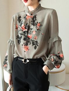 Shirts, Floral Print Lantern Sleeve Blouse Lantern Sleeved Blouses, Printed Silk Shirt, Statement Sleeves, Bottoming Shirt, 가을 패션, Hijab Outfit, Lantern Sleeve, Black Dresses, Casual Blouse