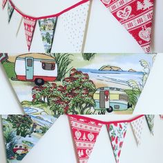 a triangle banner with an image of a camper on the front and back sides