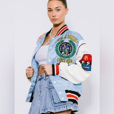 A Classic Oversized 90s Retro Fit Varsity Jacket With Contrast Sleeves & Striped Ribbing Trims. It Features Exclusively Designed Multi Chenille Patches With Chain Stitches, Faux Leather Contrast Sleeves, Front Double Welt Pockets And A Snap Button Closure. Size M / Chest(Half Measure) 25" / Front Body Length 26 1/2" / Sleeve 26 1/2" Model Is 5'8" And Wearing A Size M Pen Brush Art, Chenille Patches, Brush Art, Retro Fits, 90s Retro, Chain Stitch, Welt Pockets, Welt Pocket, Snap Button