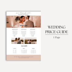 the wedding price guide is displayed in front of a white background with an image of a bride and groom