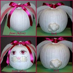 four pictures of white pumpkins with pink bows and bunny ears on them, all decorated in different ways