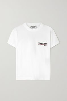 Balenciaga may reset its logo every few seasons but the iteration on this T-shirt is perennial. It has a relaxed fit and the label's moniker front and back. White Sporty Tops With Logo Lettering, Sporty White Tops With Logo Lettering, Sporty Tops With Front Logo For Streetwear, Sporty Streetwear Tops With Front Logo, White Graphic Tee With Front Logo, Sporty Short Sleeve Tops With Front Logo, Sporty Relaxed Fit Top With Front Logo, Balenciaga Shirt, Balenciaga T Shirt