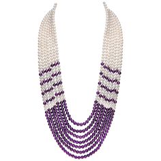 This unique seven row Freshwater pearl and amethyst necklace by Yoko London is simultaneously striking and elegant. Expertly hand crafted in our London atelier, this spectacular necklace will add a sumptuous pop of colour to any outfit. - 5-5.5mm Freshwater Pearls - Amethysts - 18 Karat White Gold Clasp Pearl And Amethyst, Dramatic Necklace, London Jewelry, Magnificent Jewels, Beads Ideas, Pearl And Diamond Necklace, Round Necklace, Micro Mosaic, Yoko London