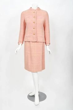 Important 1973 Chanel Haute Couture Documented Pink Wool Jacket 3-Piece Suit For Sale at 1stDibs Elegant Pink Skirt Suit For Fall, Fitted Pink Skirt Suit For Winter, Tailored Pink Wool Blazer, Elegant Pink Wool Blazer, Pink Winter Suits For Formal Occasions, Fitted Pink Wool Outerwear, Pink Fitted Wool Outerwear, Elegant Pink Winter Sets, Pink Formal Skirt Suit For Fall