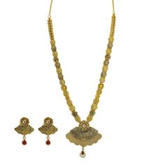 22K Yellow Gold Necklace & Earrings Set W/ Ruby, Emerald, CZ & Large Fan Pendants - Virani Jewelers Elegant Dual-tone Kundan Jewelry Sets, Elegant Kundan Jewelry Sets In Dual-tone, Traditional Gold Kundan Necklace With Elegant Design, Formal Meenakari Jewelry Sets For Diwali, Gold Plated Yellow Gold Kundan Necklace, Hand Set Yellow Gold-plated Kundan Necklace, Hand Set Yellow Gold Plated Kundan Necklace, Elegant Gold Dual-tone Kundan Necklace, Gold 22k Meenakari Kundan Necklace