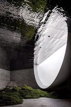 the interior of an art museum with moss growing on the floor and walls, as well as large circular windows