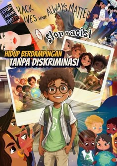 an image of a boy with glasses standing in front of a poster