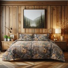 a bed in a room with wood paneling and a painting on the wall above it