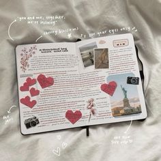 an open book with pictures and hearts on it