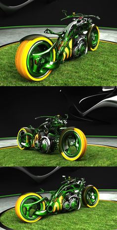 three different views of a motorcycle on the grass