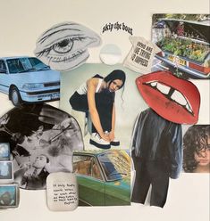 collage of photos, pictures, and stickers on a white wall with an image of a woman's face