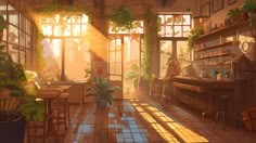 the sun shines through windows into a room filled with potted plants