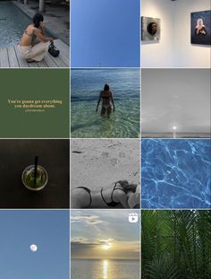 a collage of photos with the ocean and sky in different sections, including one woman sitting on a bench