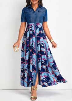 Color:Denim Blue;Size:S;Size:XL;Size:XXL;Package Contents:1 X Dress;Occasion:Other;Style:Elegant; Button Down Maxi Dress, Summer Items, Maxi Outfits, Kurti Designs Latest, Denim Maxi Dress, Blue Maxi Dress, Fashion Dresses Online, Print Denim, Blue Maxi