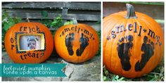 two pumpkins with hand and foot prints on them, one is for a baby