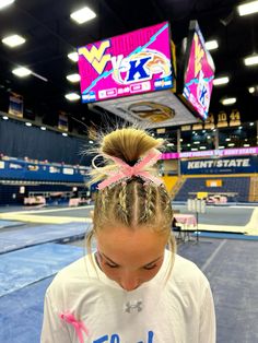 Dig Pink Hairstyles, Gymnastics Competition Hairstyles For Long Hair, Dig Pink Volleyball Hairstyles, Pep Rally Hairstyles Cheer Hair, Four Braids Into Ponytail, Cute Girly Hairstyle Ideas, Cute Hairstyles For Track Meets, Pink Out Hairstyles Volleyball, Hair For Gymnastics Practice