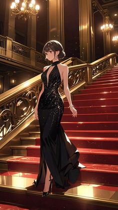 a woman in a black dress is walking down some stairs with red carpet and chandeliers