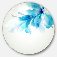 a blue flower on a white background in the center of a round glass ball with water droplets