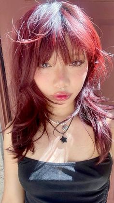 @travanna Vampire Curly Hair, Hair Dye With Bangs, Wolfcut Hair Long Curly, Red Burgundy Aesthetic, Faded Red Hair, Alt Hair, Burgundy Aesthetic, Aesthetic Butterfly, Wine Red Hair