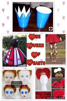 the queen of hearts costume collage with pictures and instructions to make them look like they are