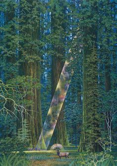 a painting of a forest with tall trees