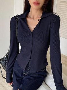 Women's V-Neck Long Sleeve Button Fitted Elegant Elegant Minimalist Blouse Navy Blue Casual  Long Sleeve Knitted Fabric Plain Shirt Medium Stretch  Women Clothing, size features are:Bust: ,Length: ,Sleeve Length: Feminine Tops Classy, Long Sleeve Under Button Up, V Shirt Outfit, Fitted Button Up Shirt Outfit, Navy Blouse Outfit, Cute Long Sleeve Tops, Loose Long Sleeve Shirt, Working Clothes, Minimalist Blouse