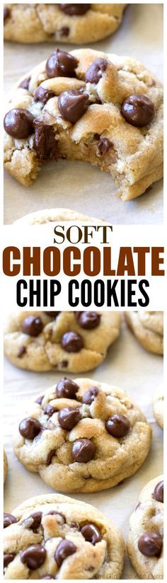 soft chocolate chip cookies on a baking sheet with text overlay that reads soft chocolate chip cookies