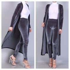 New Clothes Styles For Women, Velvet Duster Coat, Velvet Dress Designs Fashion, Velvet Coat Outfit, Velvet Outfits For Women, Grey Velvet Dress, Velvet Duster, Coat Set